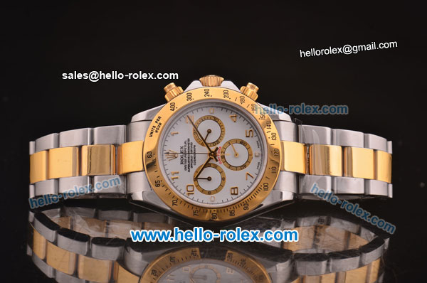 Rolex Daytona Swiss Valjoux 7750 Automatic Two Tone with White Dial and Gold Numeral Markers - Click Image to Close